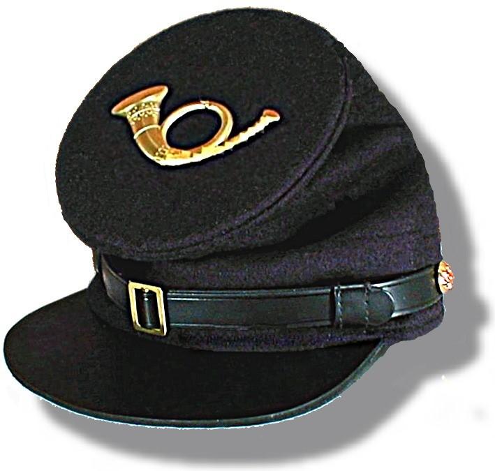 Dark Blue wool with a branch of service colored welt (piping) around the crown Dragoon shown at upper left. Black cotton lining. Earlier style Shako brims were typically used.