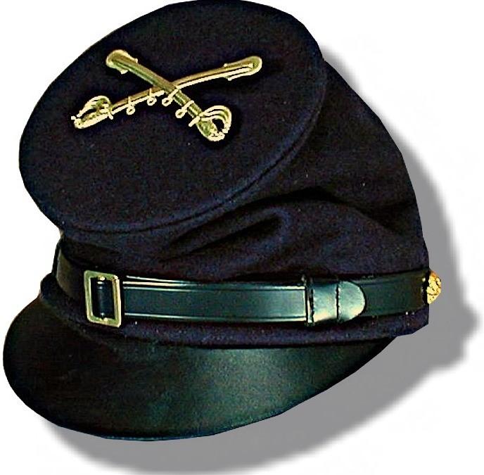 Model 1861 US Forage Cap. Dark Blue wool. Same body as the 1858 model but a new crescent shaped sloping brim is used. Cap brim style made famous by General Irwin McDowell.