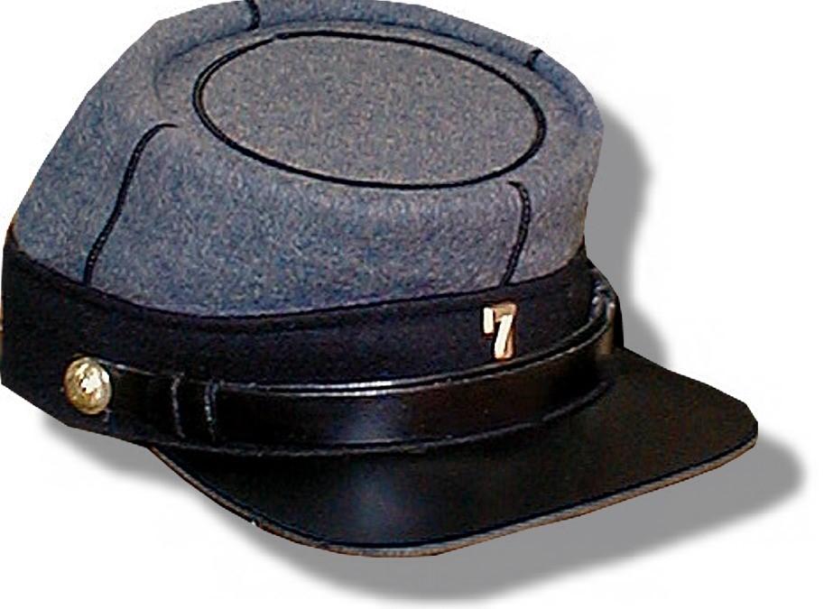 00 14th New York State Militia- Chasseur kepi with dark blue crown and band with red sides and top decorative button. New York State seal buttons. Black lining with standard brim.