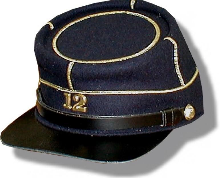 7th New York State Militia- Cadet Grey Chasseur kepi with black soutache on the crown, front and sides with a black band. New York State seal buttons. Black lining with standard brim.