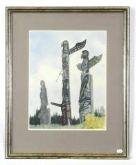 Lot # 446 446 447 Watercolour indistinctly signed, 10 1/2" x 13 1/2", "Totems". Inuit coloured print signed L. Nigiyak dated 1988, "Whale Hunter".