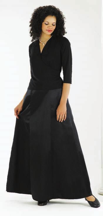 C A D A. Cross Over Knit 3/4 Sleeve Blouse 100% Polyester Stretch Knit Faux wrap, pull over blouse. #2292 $36.95 Available in black only (as shown). See chart C. B. Satin Floor Length Skirt Floor length elastic waist skirt in high performance poly satin.