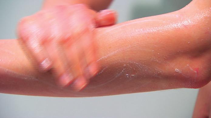 M Wash in water between 32 C and 34 C: - Overly hot water dries the skin