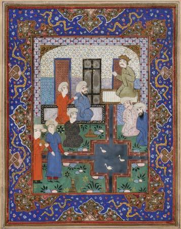 $1,500-2,500 4 Miniature Folio Painting, Persia, 20th century, opaque color and gold on paper, depicting a group of