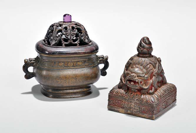 49 51 48 Two Bronze Incense Burners, China, Ming dynasty style, both compressed globular shape with waisted neck, resting on a splayed stem foot, one with two lion-head ears on shoulder,