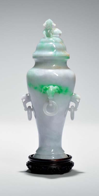 125 Jadeite Covered Censer, China, possibly Qianlong period, rectangular with slanted sides, resting on four bracket feet, probably modeled after a bronze prototype, plain body, each of the two