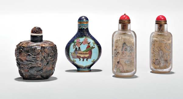 167 172 166 partial 173 168 169 170 168 Encre-de-Chine Snuff Bottle, China, 19th/20th century, flattened hu-form with animal mask and ring handles, carved in relief with a figure in seated in a