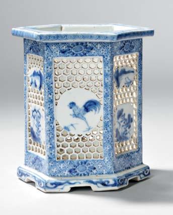 198 Blue and White Reticulated Vase, China, possibly 17th/18th century, hexagonal form, decorated with rectangular, fan-shaped, and round cartouches containing roosters, flowers, and landscape