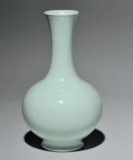 201 201 Sky Blue-glazed Bottle Vase, China, possibly 18th century, compressed globular body with an elongated flared neck