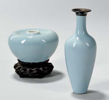 $1,000-1,200 204 Clair-de-lune Water Coupe, China, pinguo zun form with tapering sides and a short straight neck rim surrounded by a recessed reserve, six-character Kangxi mark on base, on a carved