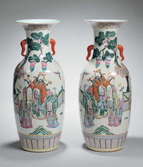 $200-400 290 289 Pair of Famille Rose Cabinet Vases, China, 20th century, baluster form, depicting Zhuangzi and Huizi by a river, calligraphy on the reverse with red Qianlong seal marks, a meander in