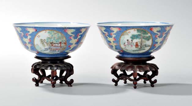 291 291 Pair of Famille Rose Bowls, China, 19th century, high rounded sides with an everted rim, the exterior and interior decorated with roundels illustrating the traditional story of The Weaver