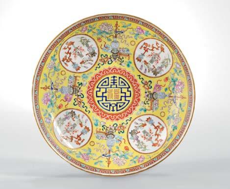 fencai-enameled lotus floral sprays, gilt details, six-character Tongzhi mark on base, dia. 11 in.