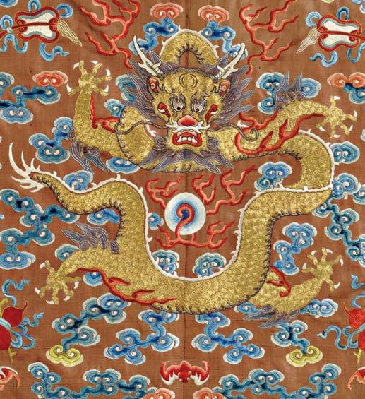 408 Han-style Pleated Apron Skirt, Baizhequn, China, 19th/20th century, the front and back panels embroidered with a front-facing dragon and a pearl, and a phoenix amidst stylized clouds and above