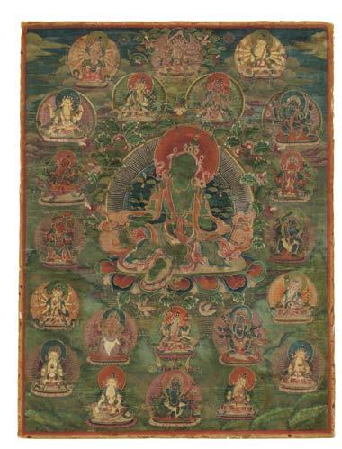 436 436 Thangka Depicting Green Tara, Tibetan China, late 17th/early 18th century style, sitting on a lotus cushion seat above the water, against a round halo and nimbus in the background further