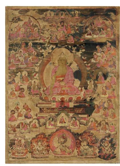 438 438 Thangka Depicting Akshobhya Buddha in Abhirati, Tibetan China, 18th/19th century style, sitting cross-legged on an upturned lotus pedestal with the Wheel of the Law, with a medicine bowl on