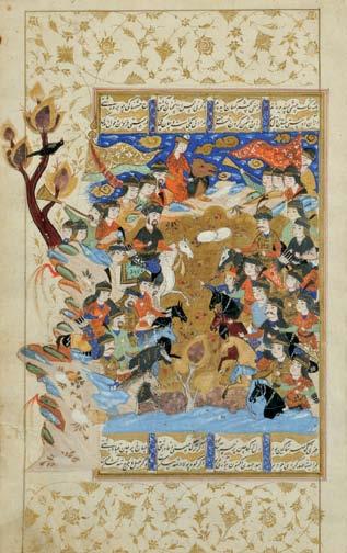 $600-800 2 Illustrated Folio Manuscript, Persia, 19th century, opaque color and gold on paper, with four columns of Nastaliq calligraphy in reserves above and below a painting depicting a battle