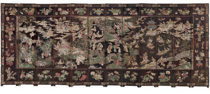 523 523 Double-sided Twelve-panel Coromandel Screen, China, Kangxi period (1662-1722), both sides carved, colored, and lacquered in kuancai technique, one side illustrating the Peach Festival, a
