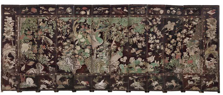 depicting a myriad of birds and flowers in a continuous scene, both scenes surrounded with a broad band of the Hundred Antiques, floral sprays and arrangements, and mythical animals, a C.T.