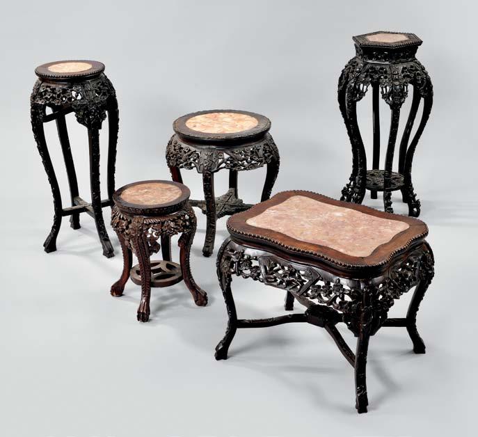 527 526 528 529 524 Small Wood Stand with Marble Top, China, 19th/20th century, square, the carved low-relief apron depicting scrolling lotus and tendrils above a lower openwork carving of scrolling