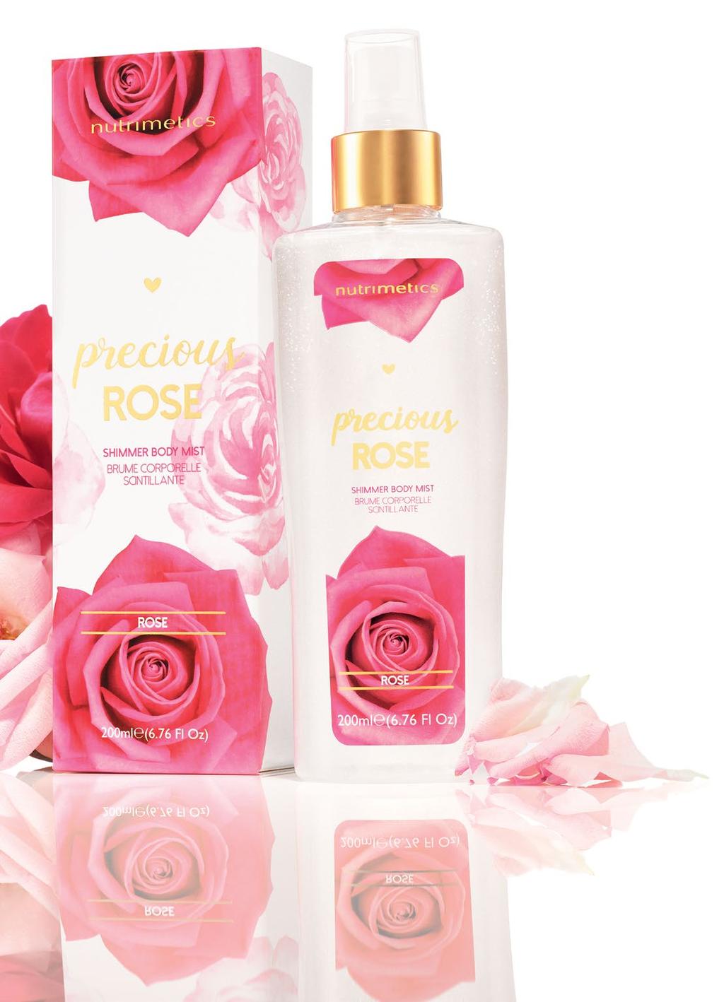 NEW Precious Rose Shimmer Body Mist is filled with the beautiful scent of Rose, together with a touch of sheer shimmer to leave your skin radiant, gorgeously glowing and irresistibly fragranced.
