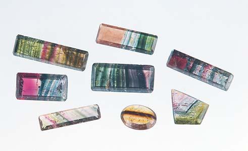 Figure 15. These study samples illustrate the color diversity found in Madagascar tourmaline. The six slices on the left (1.9 to 7.