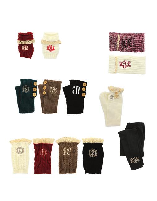 ALL bundled UP Hand Warmers ES0092-(specify color) $22 W Monogram on one only -03 red (ivory, Duchess) -02 ivory (red, Duchess) Ear Warmers ES0091-(specify color) $16 W -01 pink & black (black,