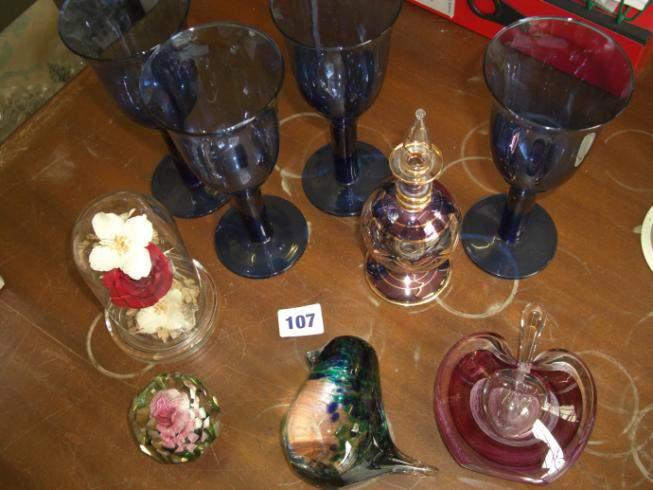 assorted glassware inc 4 blue wine glasses, Wedgwood, bird
