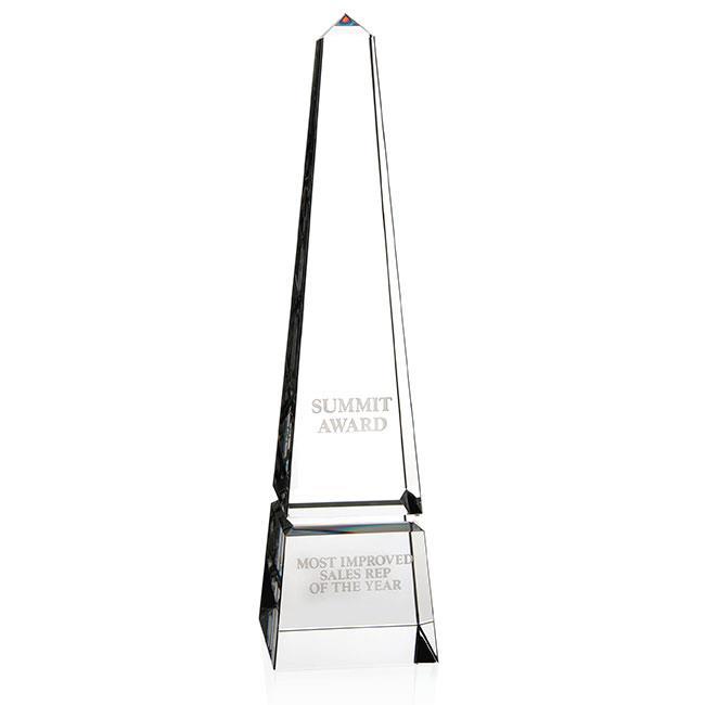 35386 Barclay Obelisk Unlighted and lighted wood bases available, contact customer service for quote Shown with optional second etch area on top Optical Crystal 2-1/2 w x 10 h x 2-1/2 d