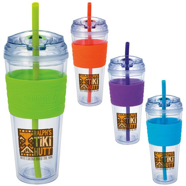 46071 Quench Grand Journey Tumbler - 24 Double-wall insulation Twist-on, flip-up lid Wave texture silicone grip Silicone straw Perfect for hot or cold beverages 24 oz.
