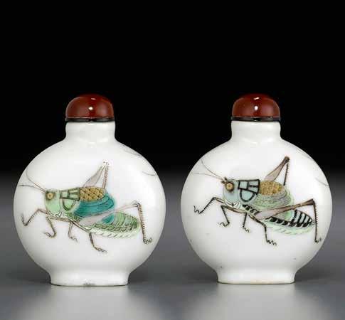 6011 A FAMILLE ROSE ENAMELED PORCELAIN KATYDID Imperial, Jingdezhen kilns, Daoguang mark and of the period, 1821-1850 The well-built bottle of flattened spherical form, with a waisted neck, slightly