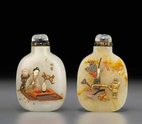 6087 AN EMBELLISHED WHITE AND RUSSET JADE The bottle: 1820-1920, embellishment: Tsuda family, Kyoto, Japan, 20th century Well-hollowed, the bottle of rounded rectangular form with a small oval