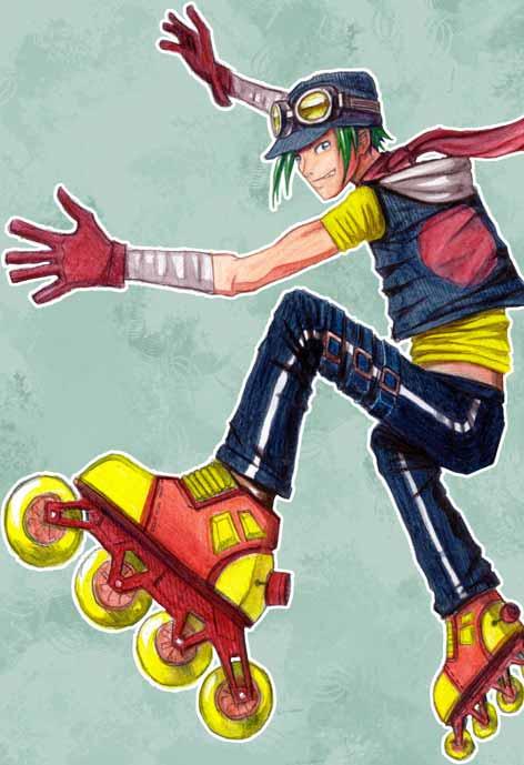 Crazy Rollerblading Boy STEP 1: After drawing the image with the Outliner pencil, we start to fill in colours.