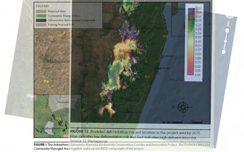 Figure 5: Here is another photo combination showing the Zahamena-Ankeniheny corridor and the estimated deforestation risk by 2035.