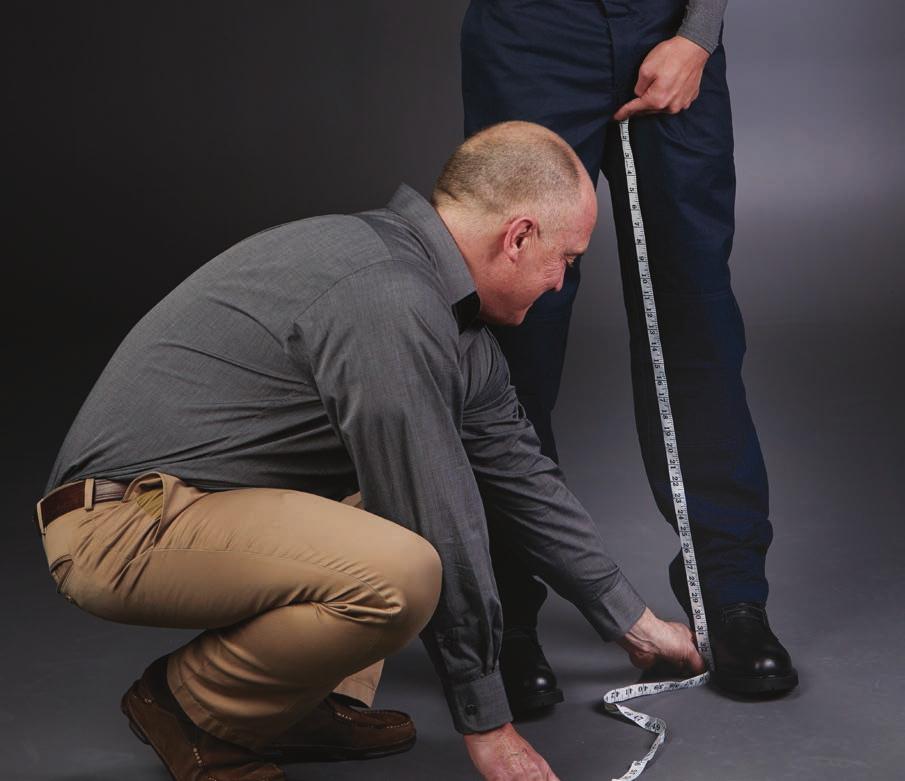 METHOD 1 > PANTS > INSEAM With boots on, feet shoulder length apart, and standing straight, have the firefighter hold the tape end between the index and middle finger at the top center of the crotch.