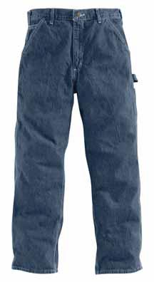 75-ounce, 100% cotton washed denim Sits slightly above the waist Full seat and thigh Multiple tool and utility pockets Left-leg