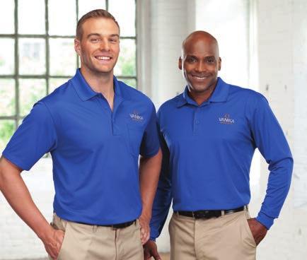 Micro Piqué Polos C D. Moisture management technology. Double needle stitching throughout. Set-in hemmed sleeves, tag-free taped neck, side vents. 3.8 oz. snag-resistant polyester tricot.