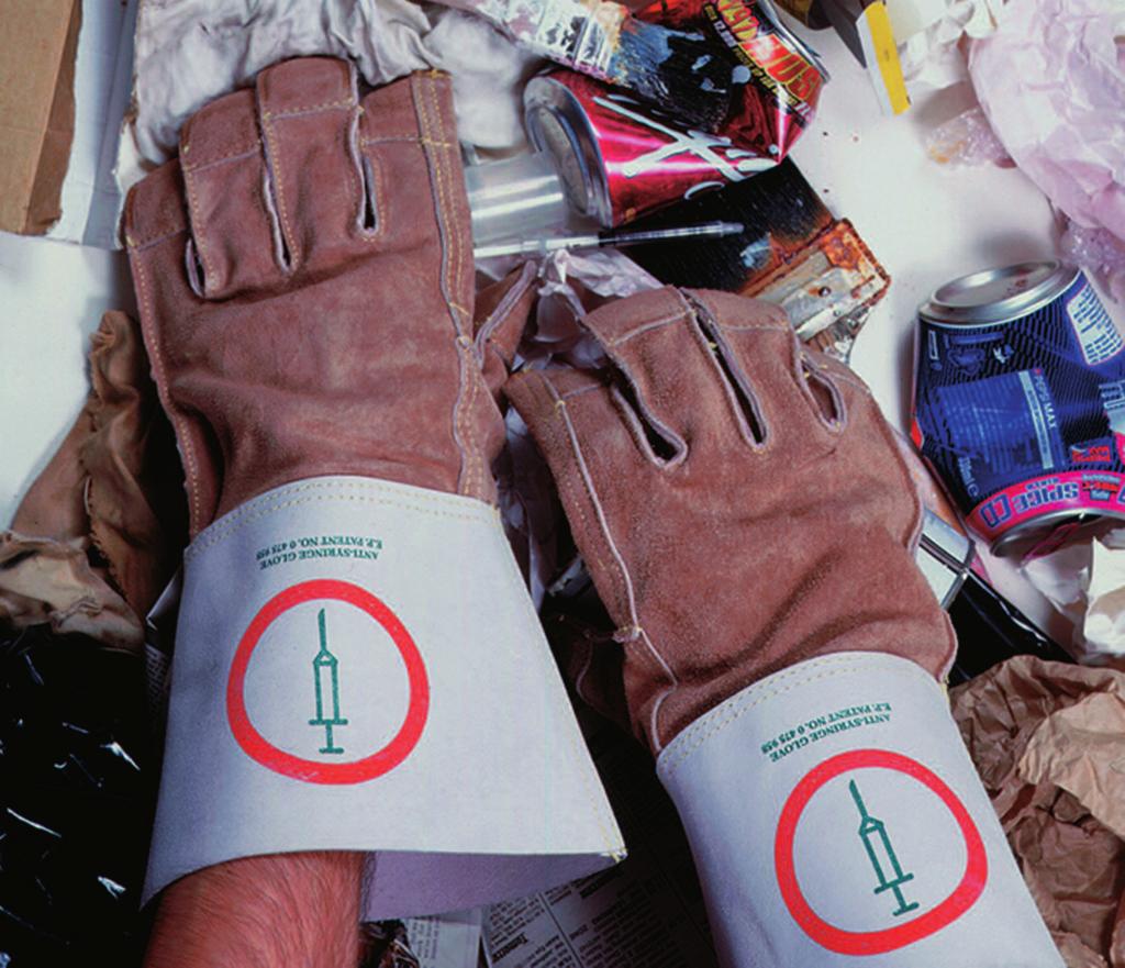 SPECIALIST ANTI-SYRINGE Steel reinforced leather gauntlet. Designed to reduce the problems encountered when handling refuse which may contain hypodermic needles, broken glass or razor blades.