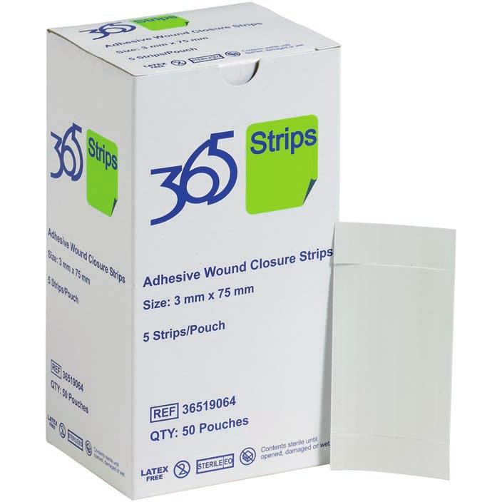 365 Strips Description 365 Strips are sterile, hypoallergenic, reinforced, adhesive wound skin closures. Indication Superfi cial cuts and lacerations where wound edges can be approximated.