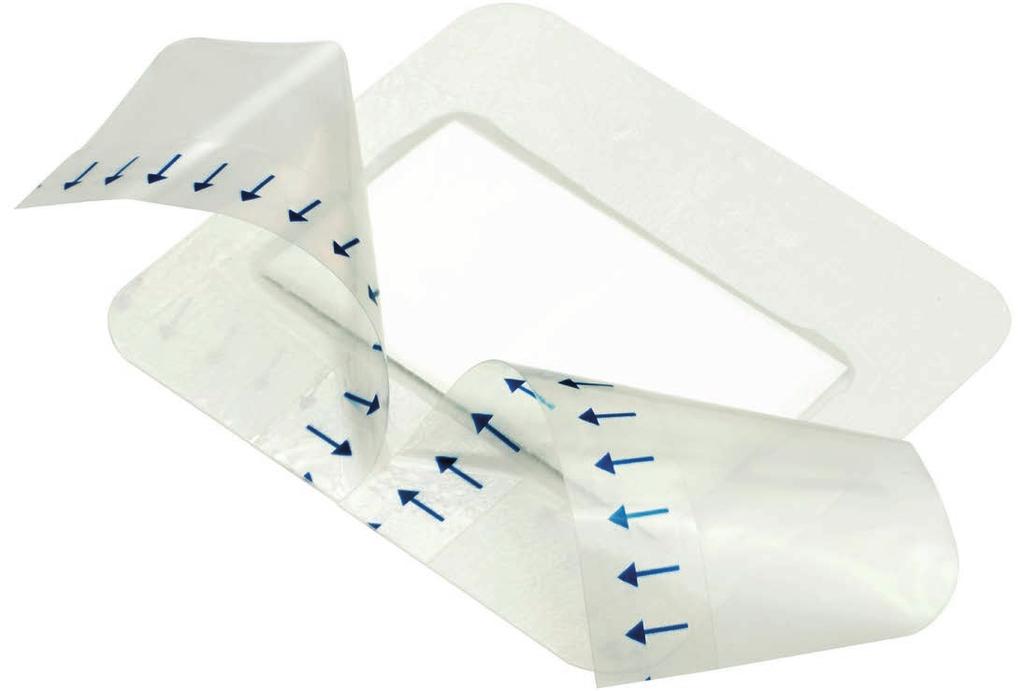 4. As indicated by the blue arrows remove the transparent release fi lm on the back of the dressing from the centre outwards 5.