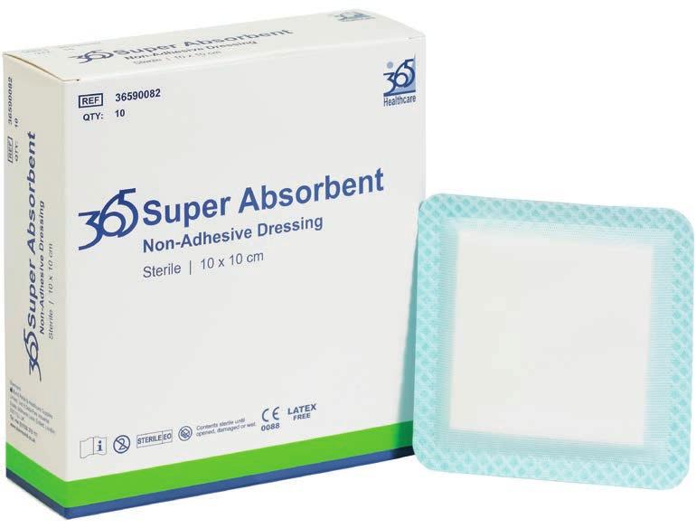 365 Super Absorbent Dressings Description 365 Super Absorbent Dressing is a non-adhesive, multi-layer super-absorbent dressing for use on moderate to highly exuding wounds.