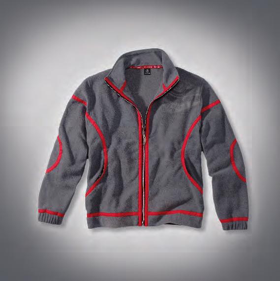 Cardigan 50% cotton and 50% poly-acrylics with the colours of the Mercedes-Benz logo embroidered in a matching shade on a micro-fi bre patch at the back of the neck. Colour: grey-red, sizes: S-XXL.