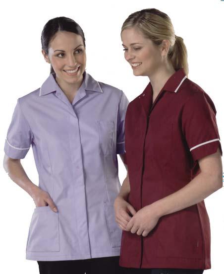 Workwear Ladies Tunics 67% Polyester/33% Cotton RS 01 & RS 02 Plain (210 g/m2) RS 03 & RS 04 Stripe (180 g/m2) Healthcare Garments Stud Fastening Concealed stud fastening Adaptable collar fastening