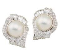 $4,000 5,000 35 PAIR OF 14K WHITE GOLD EARRINGS each bezel set with a mabé pearl encircled by 12 baguette and 28 round cut diamonds
