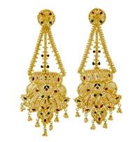 45 PAIR OF HIGH CARAT GOLD FILIGREE DROP EARRINGS decorated with red and green enamel,