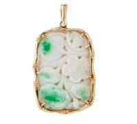 87 14K YELLOW GOLD PENDANT set with carved jadeite panel (53mm