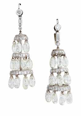 Select Jewellery & Watches 15 21 A pair of 1920s briolette cut diamond chandelier earrings each of chandelier design suspending three graduated tiers of pavé set and pendant briolette cut diamonds,