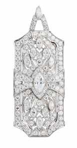 Select Jewellery & Watches 17 22 An Art Deco diamond set pendant brooch of rectangular outline with incurved corners, millegrain set with marquise diamonds and pavé set round brilliant diamonds