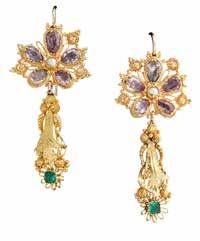 Select Jewellery & Watches 39 61 A pair of amethyst, emerald and pearl set earrings each formed as a flowerhead set with pear cut amethysts around a pearl centre, to wire posts,