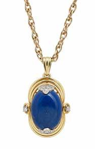 Select Jewellery & Watches 47 76 A lapis lazuli and diamond set pendant with chain the oval lapis lazuli cabochon applied at top and bottom with collet set round brilliant cut diamonds, the